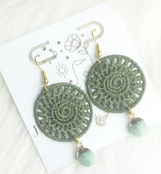 Bohemian Dream Khaki crochet earrings with gold dipped green aventurine drops