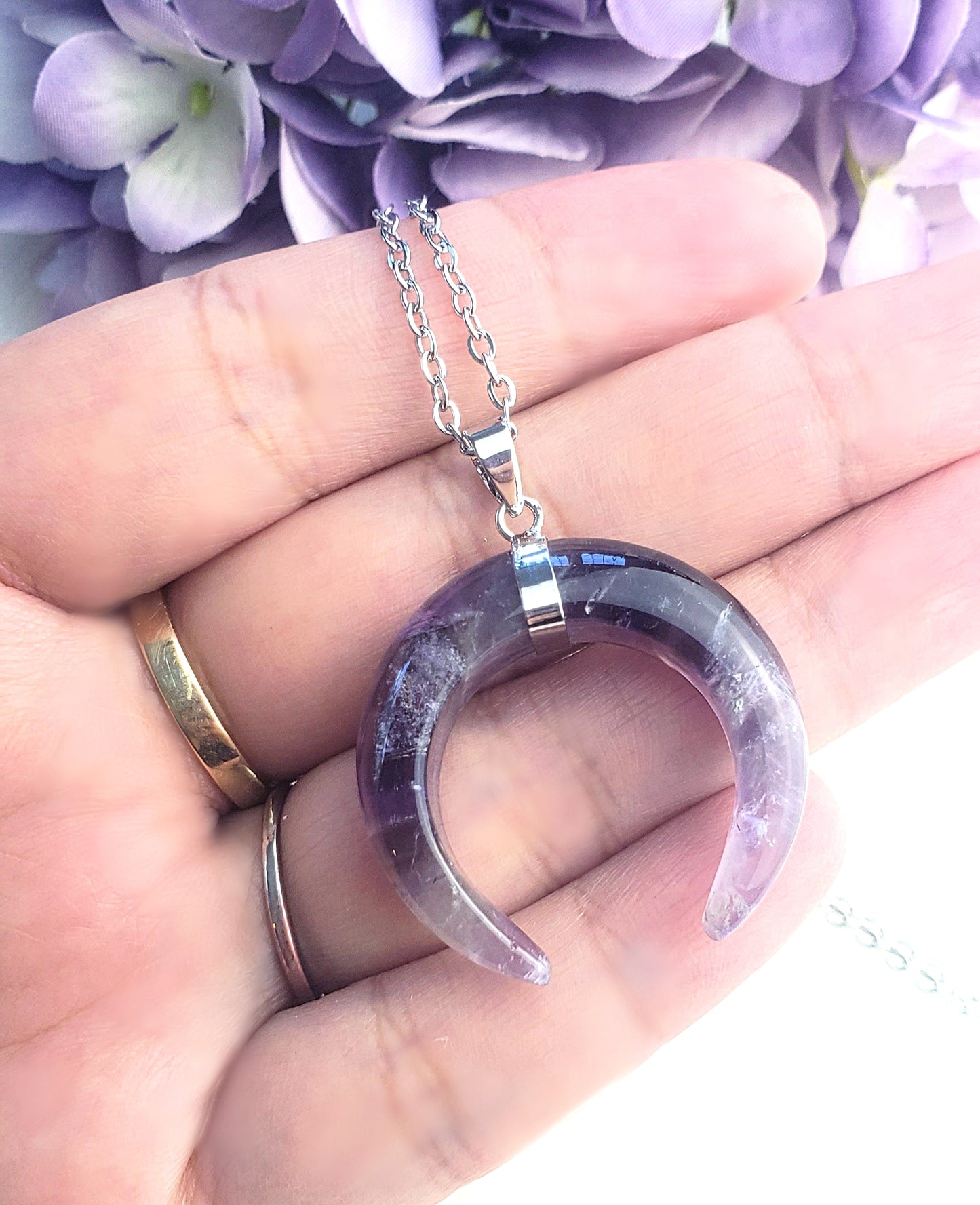 Double Horn Crescent Moon Necklace - Amethyst