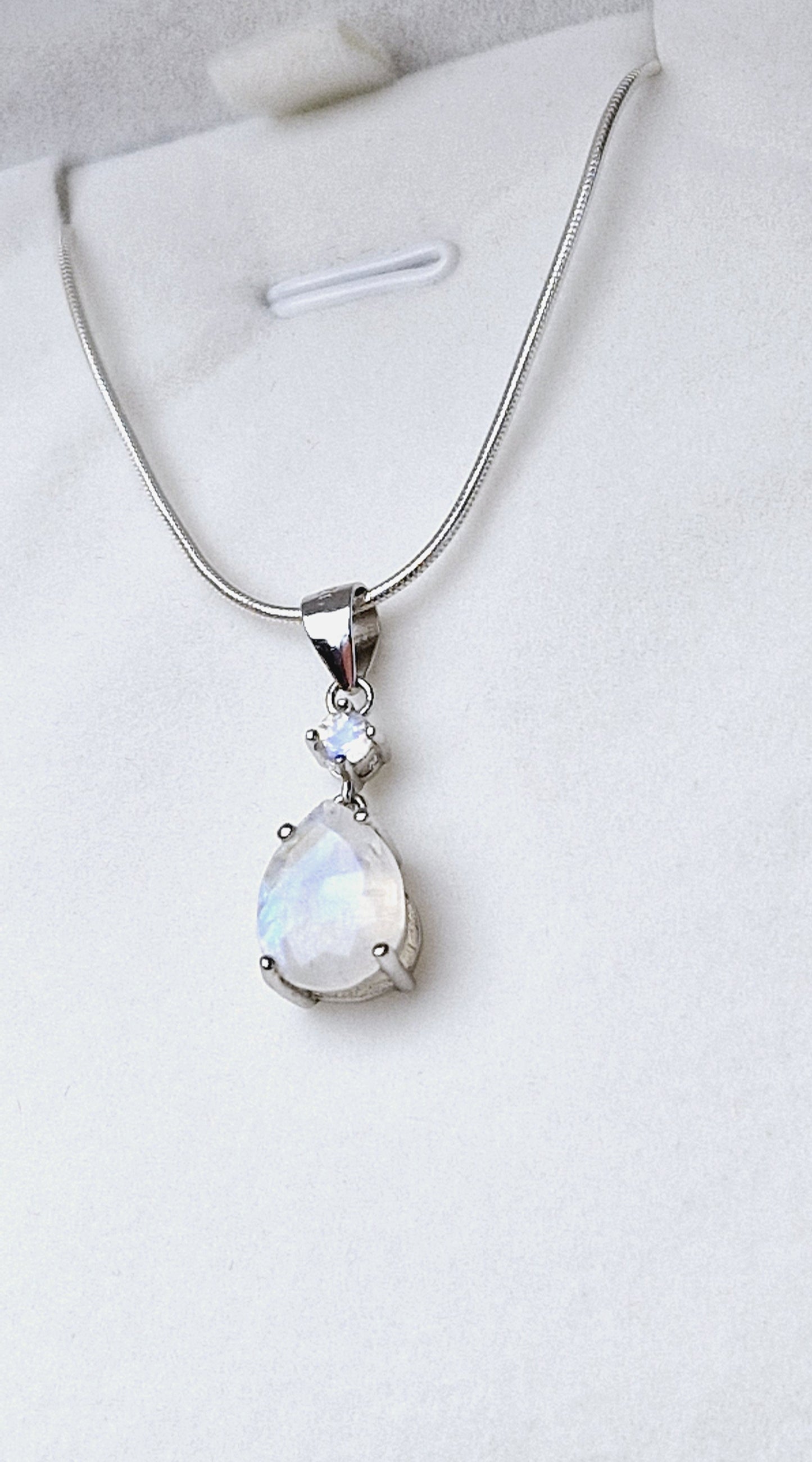 Natural Rainbow Moonstone Double Drop Pendant on Sterling Silver Chain