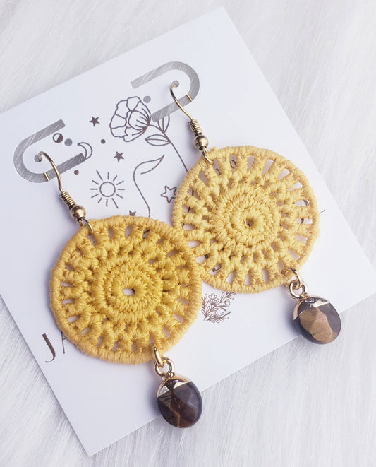 Bohemian Dream Mustard crochet earrings with gold dipped tigers eye drops