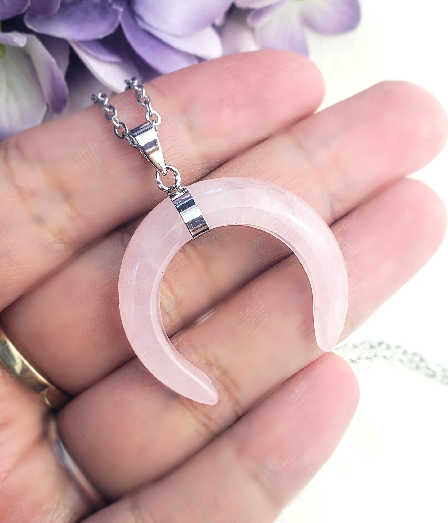 Double Horn Crescent Moon Necklace - Rose Quartz