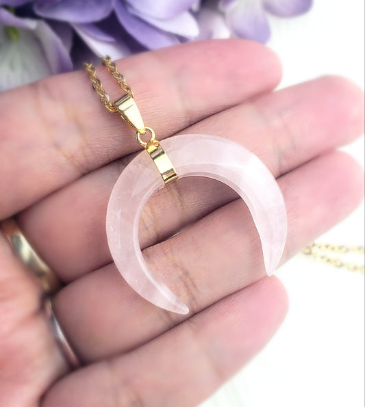 Double Horn Crescent Moon Necklace - Rose Quartz