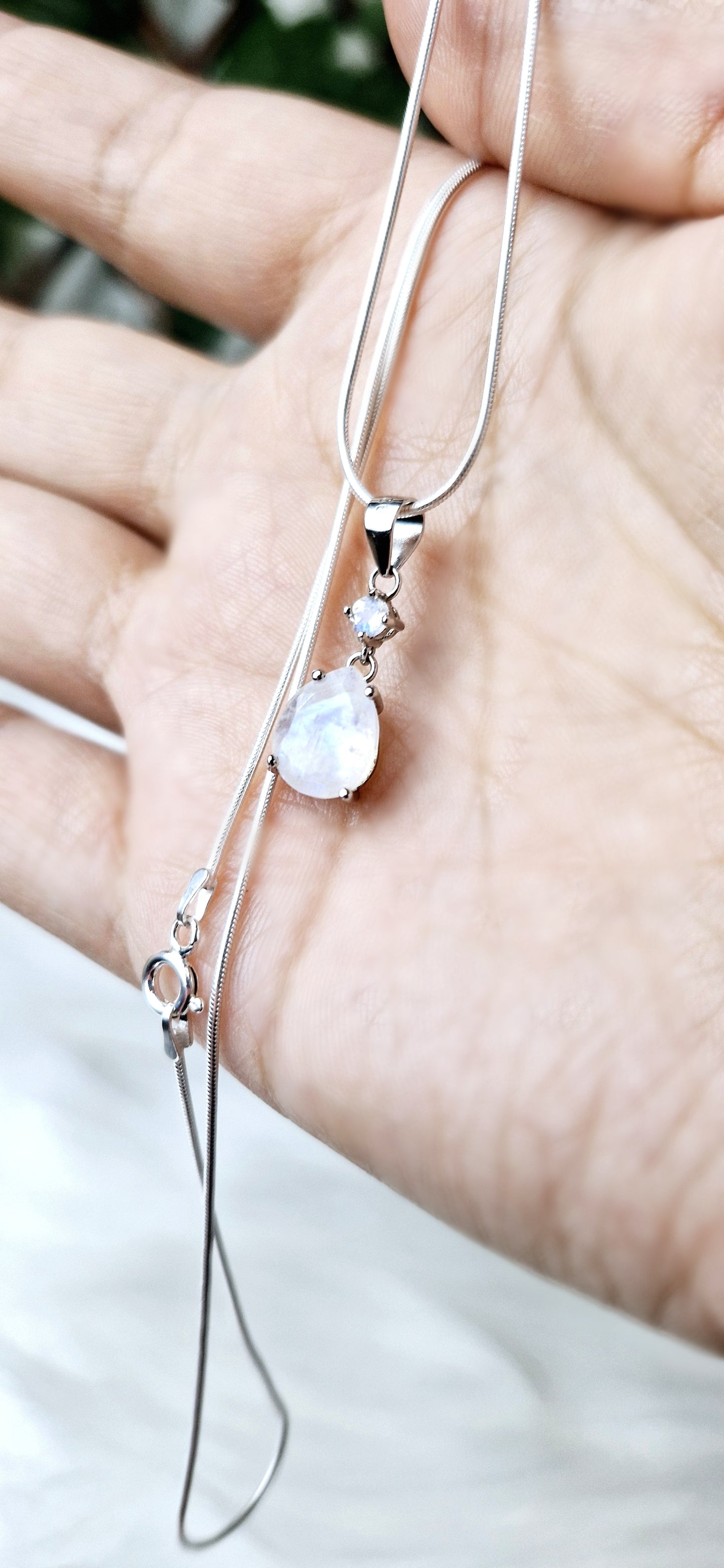 Natural Rainbow Moonstone Double Drop Pendant on Sterling Silver Chain