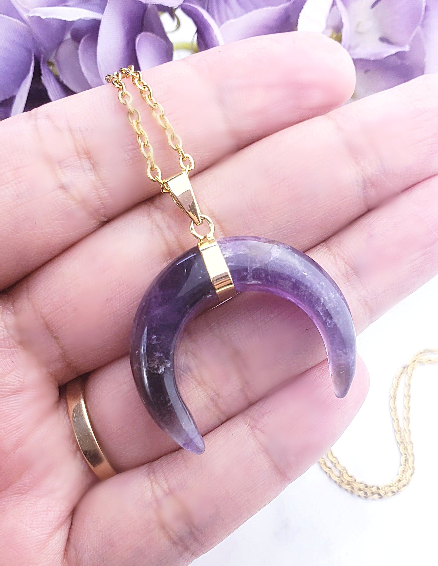 Double Horn Crescent Moon Necklace - Amethyst