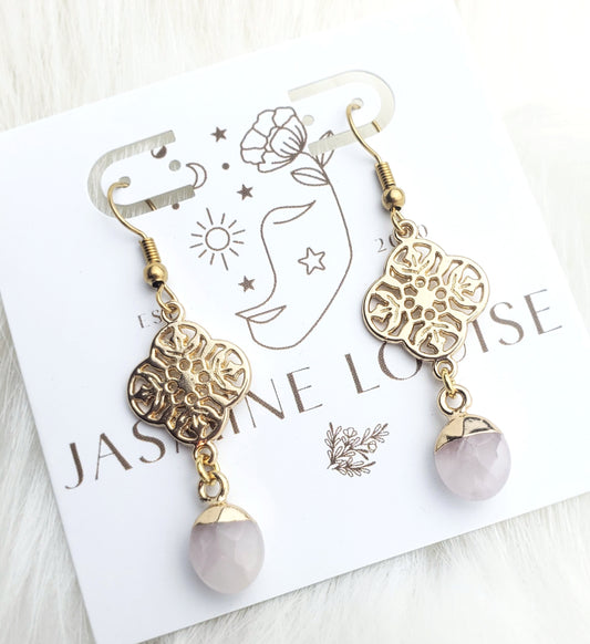 Golden Gate Mandala earrings with gold dipped rose quartz drops