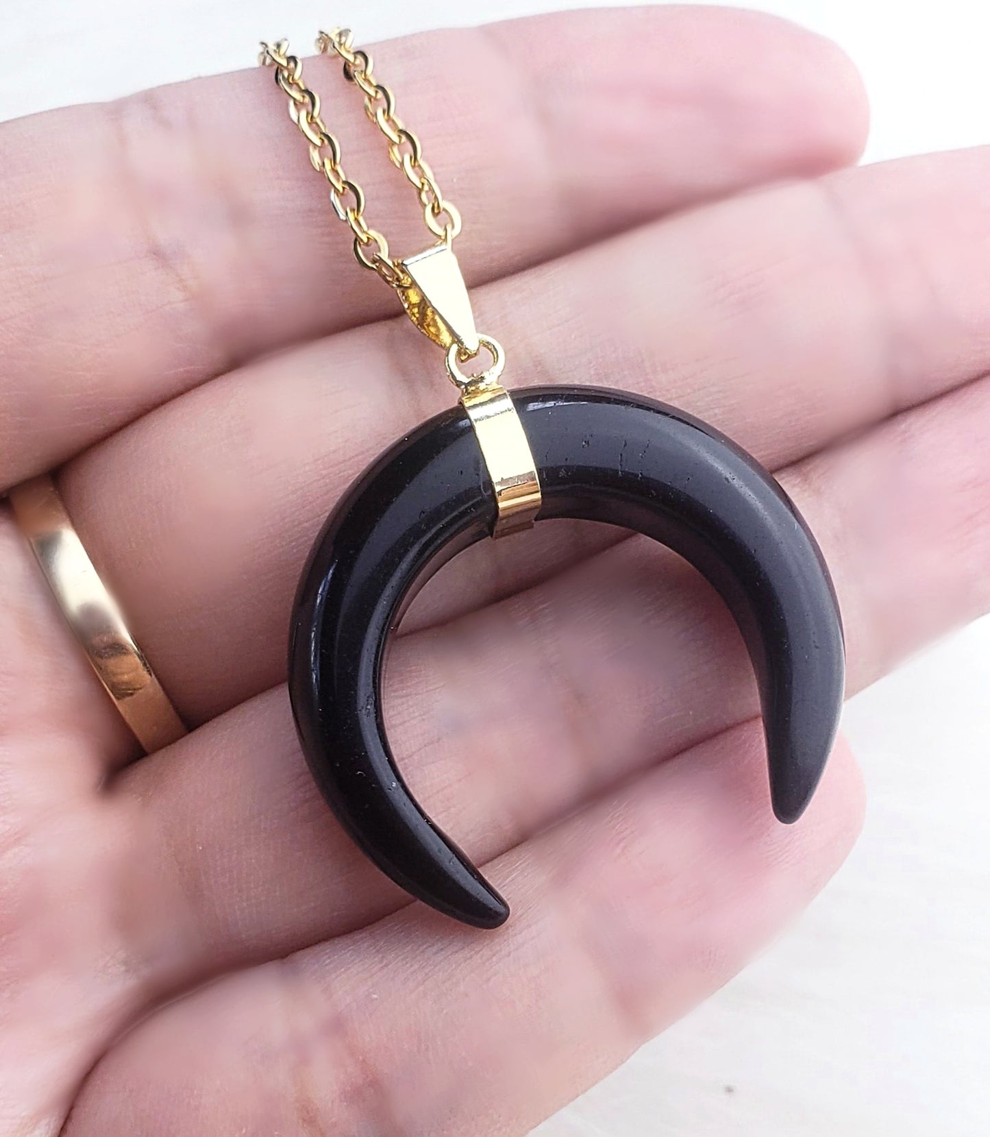 Double Horn Crescent Moon Necklace - Black Obsidian