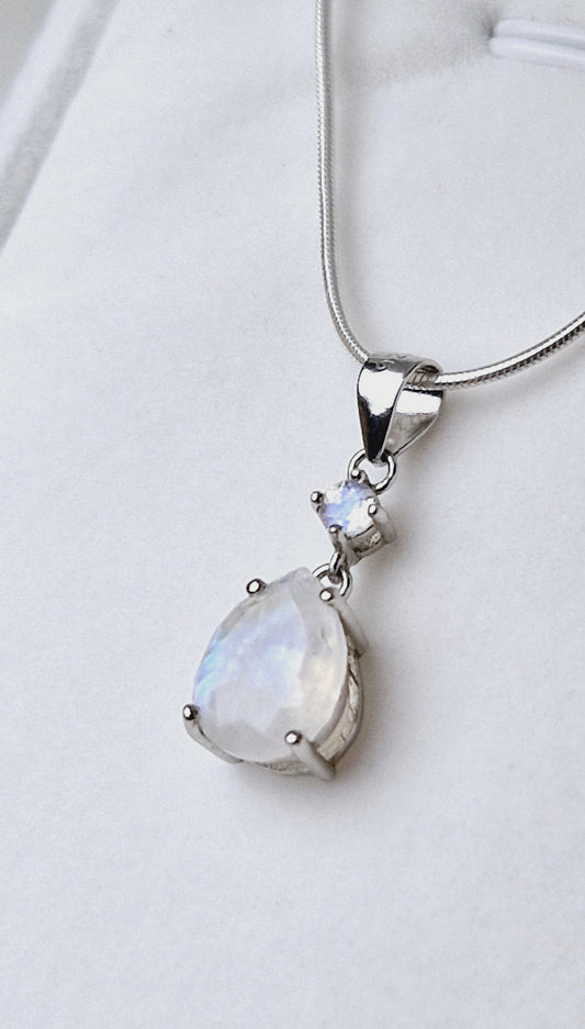 Natural Rainbow Moonstone Double Drop Pendant on Sterling Silver Chain