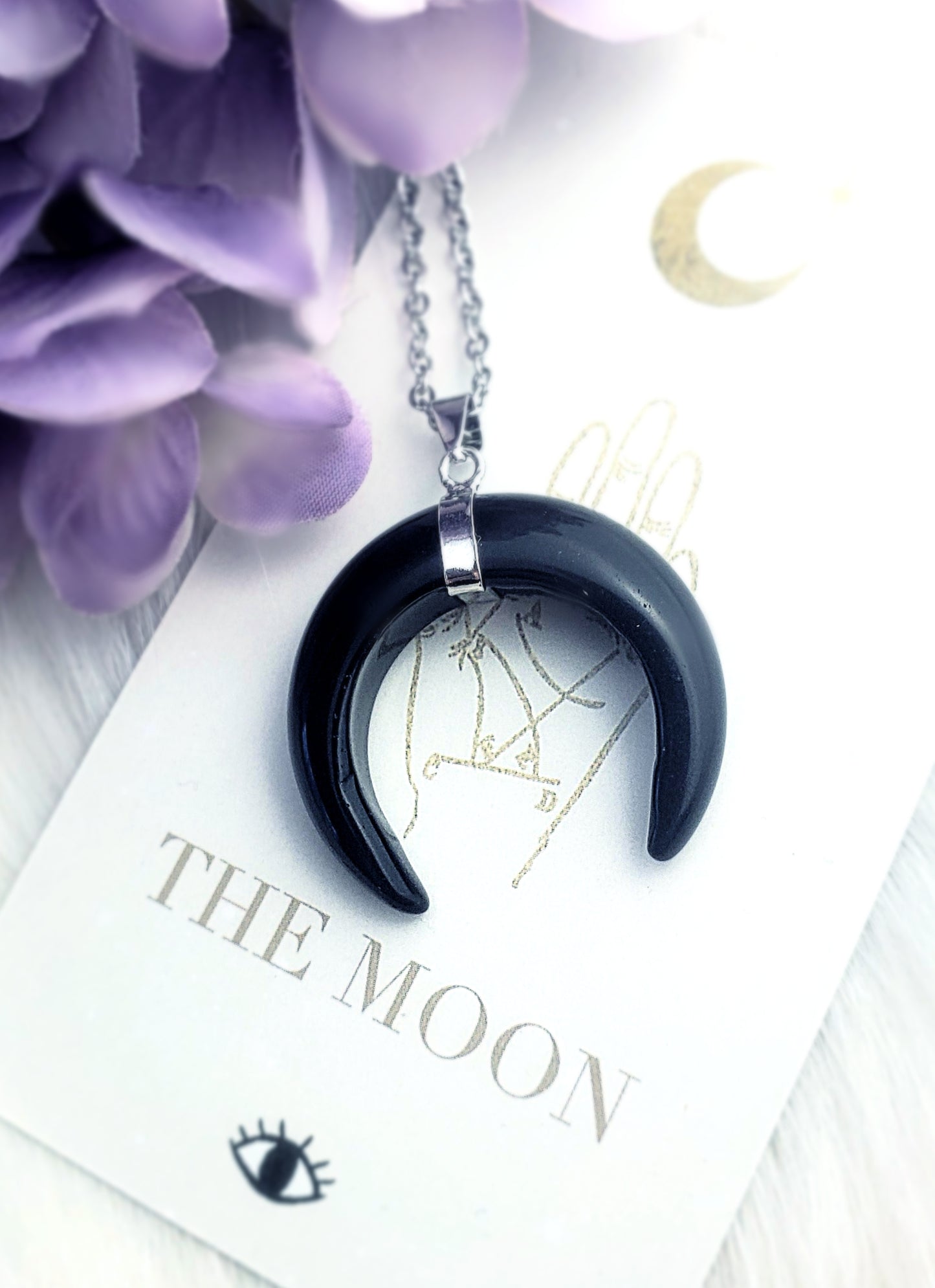 Double Horn Crescent Moon Necklace - Black Obsidian