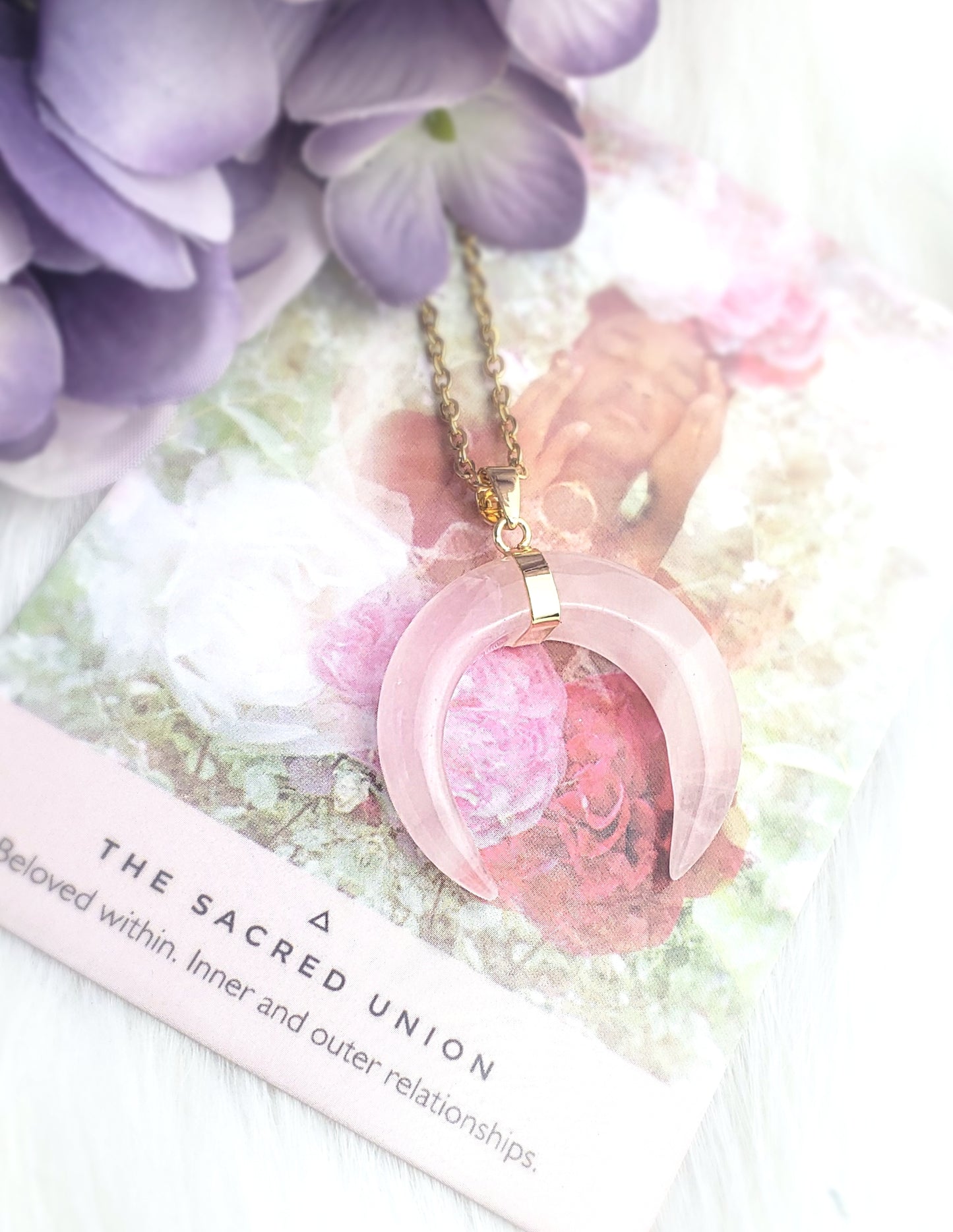 Double Horn Crescent Moon Necklace - Rose Quartz