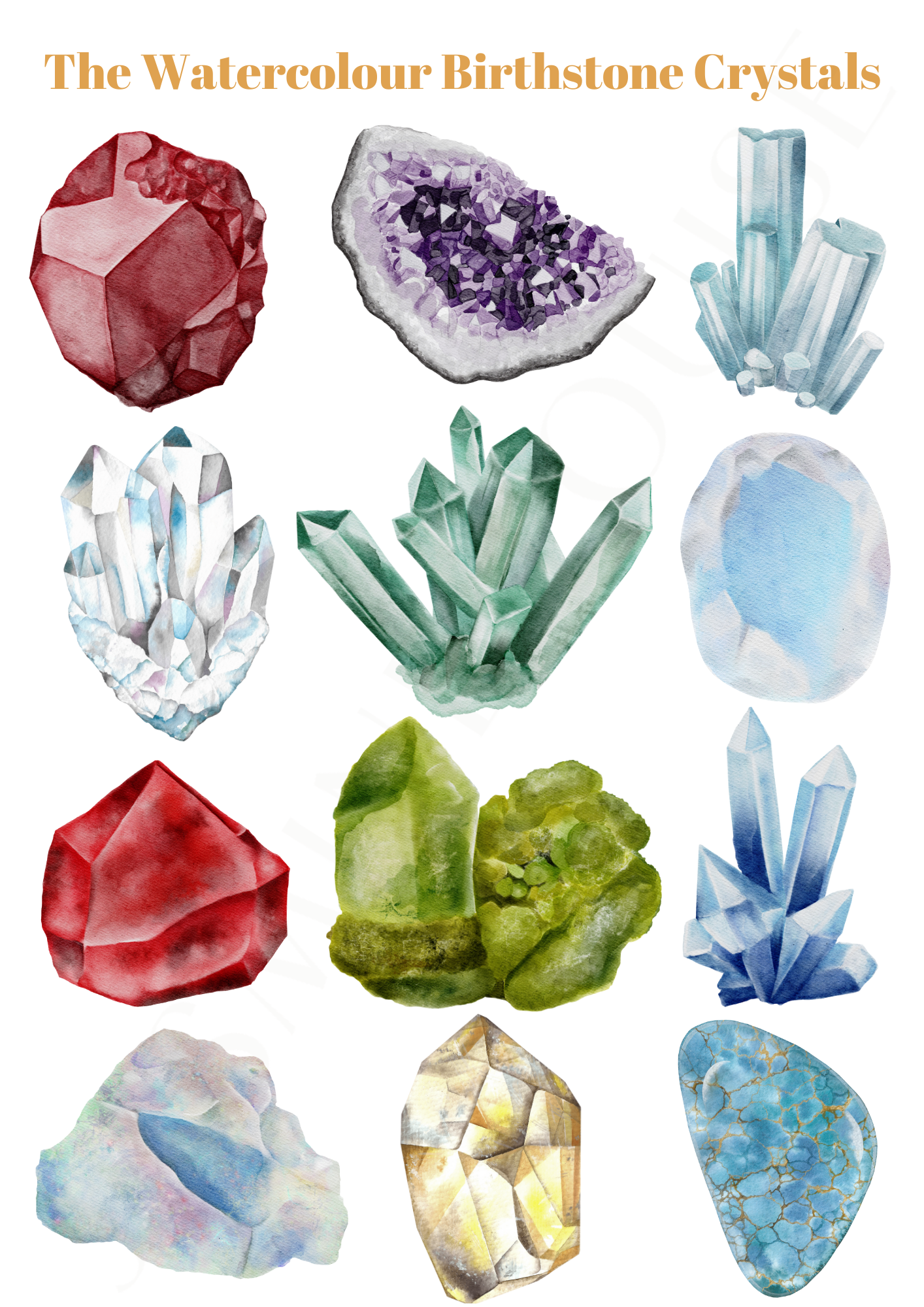 Watercolour Crystal Birthstone - FAMILY Print