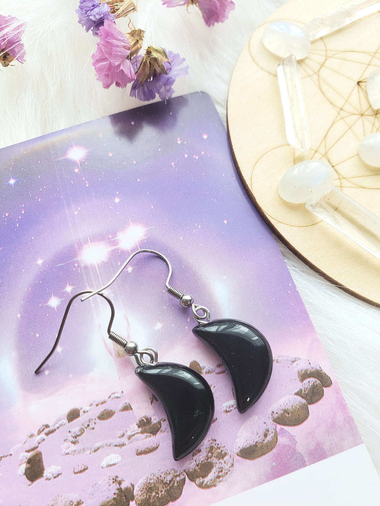 Moon Crescent Earrings - Black Obsidian