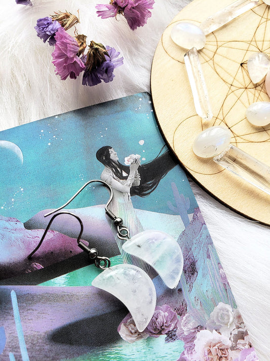 Moon Crescent Earrings - Clear Quartz