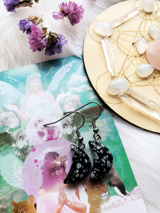 Moon Crescent Earrings - Snowflake Obsidian